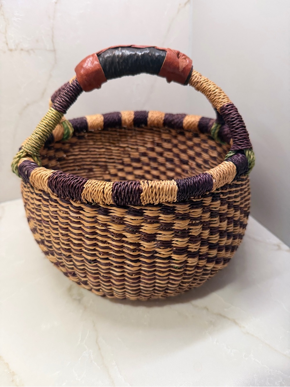 Handwoven Vintage Bolga Basket with Brown and Purple Accents.  Made in Ghana.